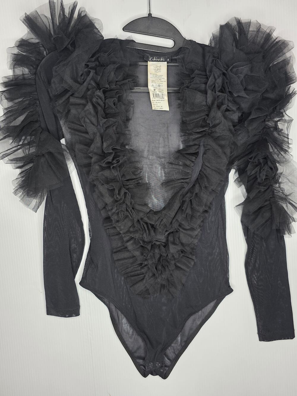 Kikiriki Size S Black Mesh Bodysuit With Ruffle Sleeve Detail whimsigoth sheer